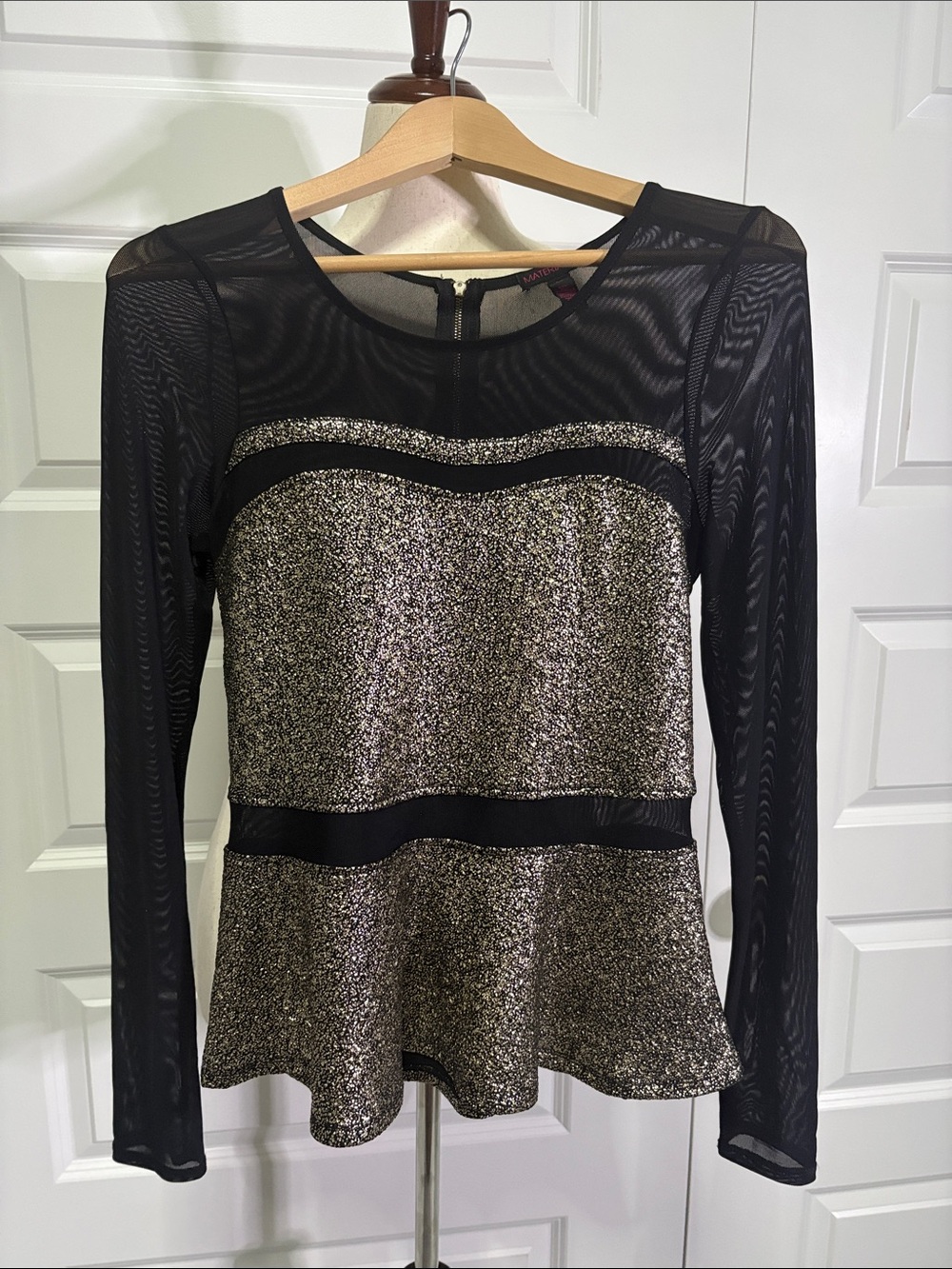 Material Girl Black Sheer Long Sleeve Top with Gold Metallic Bodice